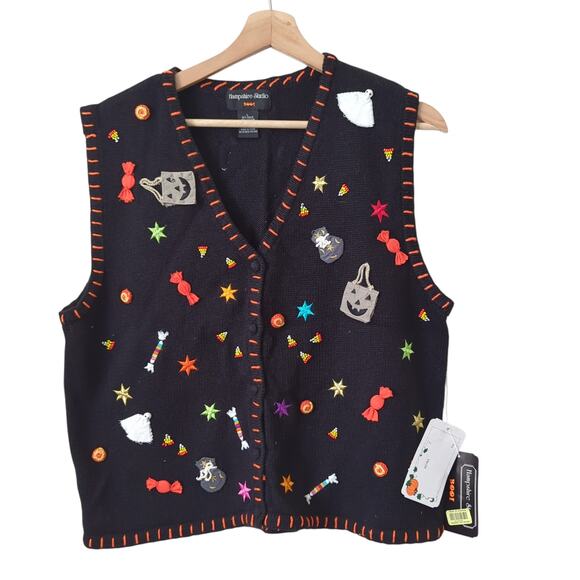 Vintage Sweaters - Vintage Hampshire Studio Hand Knit Halloween Cardigan Sweater Witchy Granny L